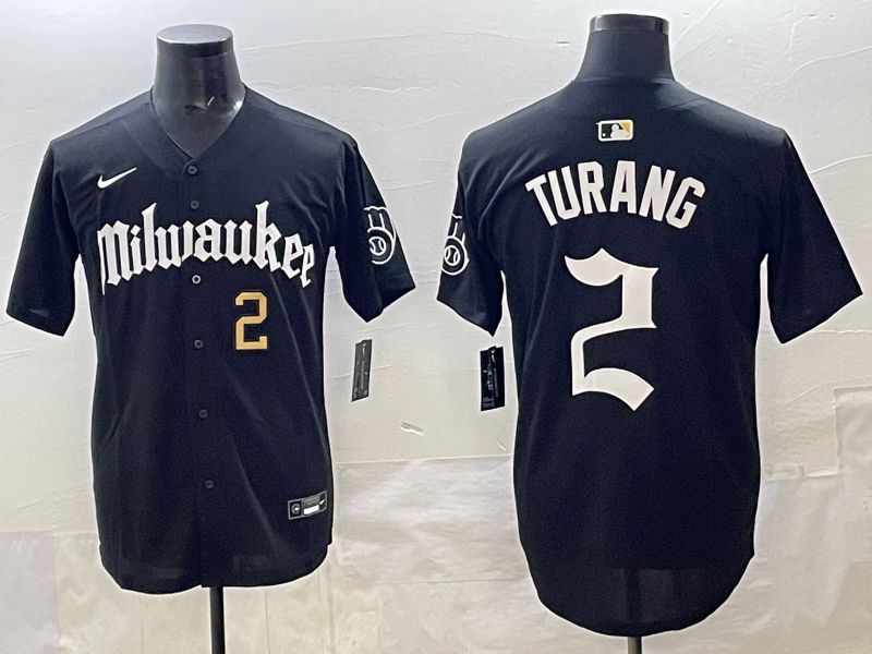 Men 2025 Milwaukee Brewers #2 Turang Black Five generations Joint Name Nike MLB Jersey style 8